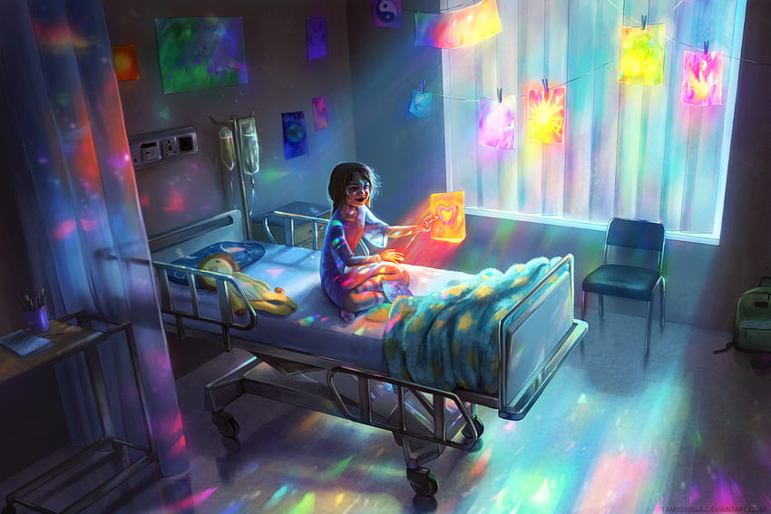 病院のベッドの子供たちのアートワーク 2D エモーション テディベア デジタルアート - 解像度: 病室 高画質の壁紙