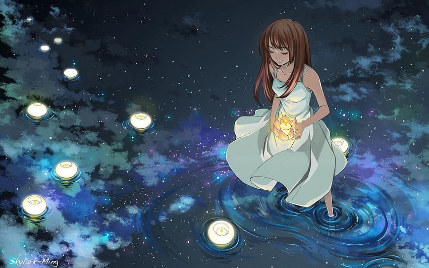 Anime, woda, gwiazdy, światła, latarnie, dziewczyna Tapeta HD