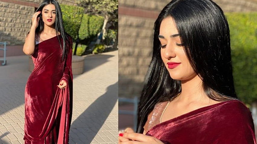 Sarah Khan looks fabulous in red velvet saree- Check Inside HD wallpaper