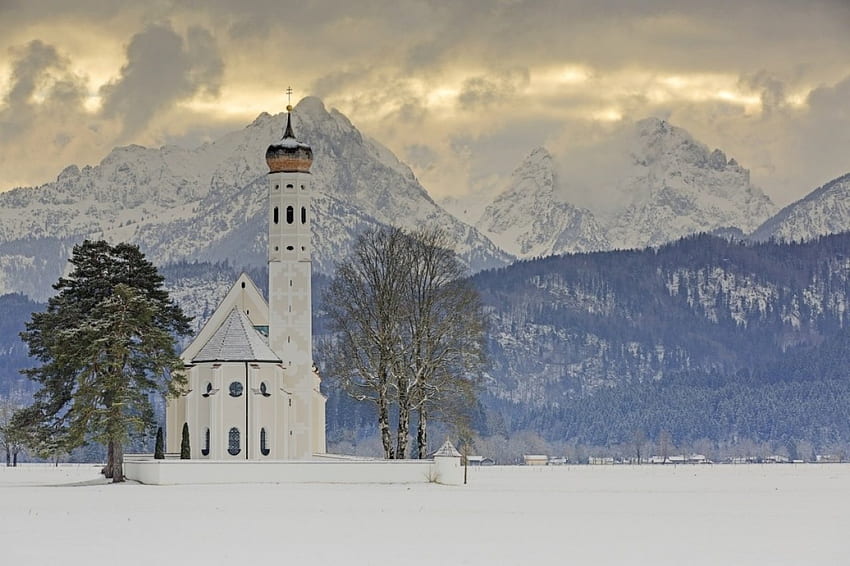 igreja no inverno, Alpes, Inverno, Neve, Baviera, Natureza, Alemanha, Templos papel de parede HD