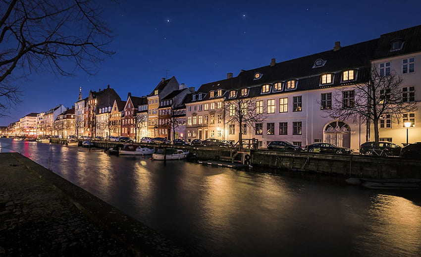 Copenhagen Denmark Canal Pier Night Street lights HD wallpaper