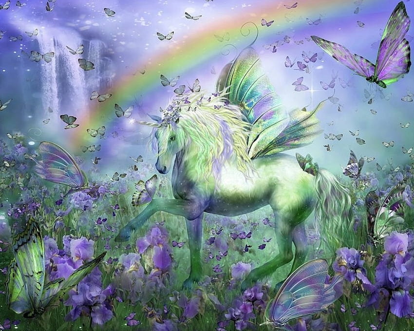 Unicorno e l'arcobaleno, ali, colorato, cavallo, colore, colori, bellissimo, celeste, farfalle, farfalla, arcobaleno, animali, unicorno, splendore, adorabile Sfondo HD