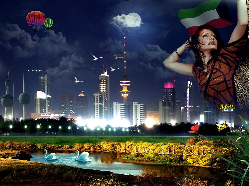 kuwait city, night, birds, city, grass, flag, buildings, lady, balloons, swans, moon, light, flowers, kuwait, cloud HD wallpaper
