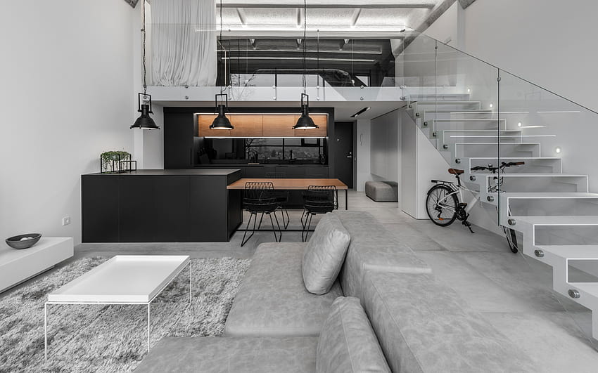 2 階建てのアパート、モダンなインテリア デザイン、グレーのソファ、スタイリッシュなインテリア デザイン、キッチンの黒い家具 高画質の壁紙