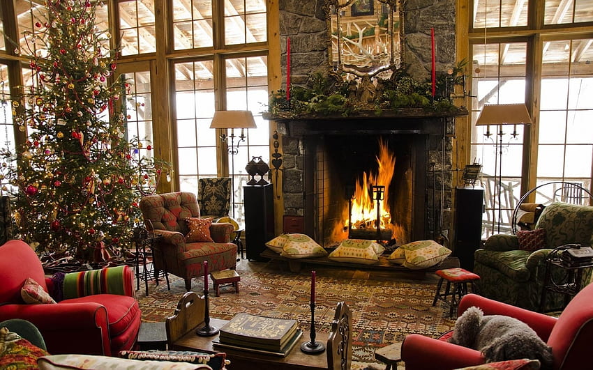 Rustikal Weihnachten, Wohnzimmer, gemütlich, Weihnachten, warm, Kamin, rustikal, Baum HD-Hintergrundbild