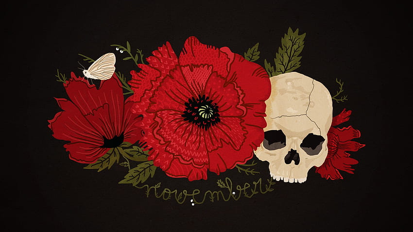 Black Red Poppy Skull Butterfly Flower November - Aesthetic 3D Edgy - - HD wallpaper