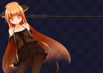 Neko, animal, cat ears, anime, girl, tail, orange HD wallpaper