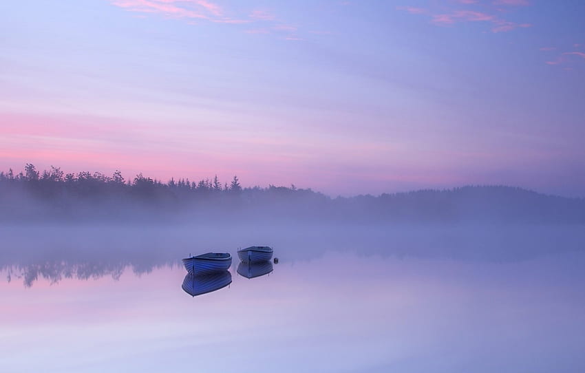Fog on the lake, night, awesome, colors, sunrise, nice, fog, boats, trees, sunset, mirror, white, cold, landscape, forests, lake, purple, violet, blue, shadow, morning, pines, ater, day, reflection, amazing, frozen, surface, beautiful, afternoon, pink, sunrays, wood, cool, clouds, sky, evening HD wallpaper