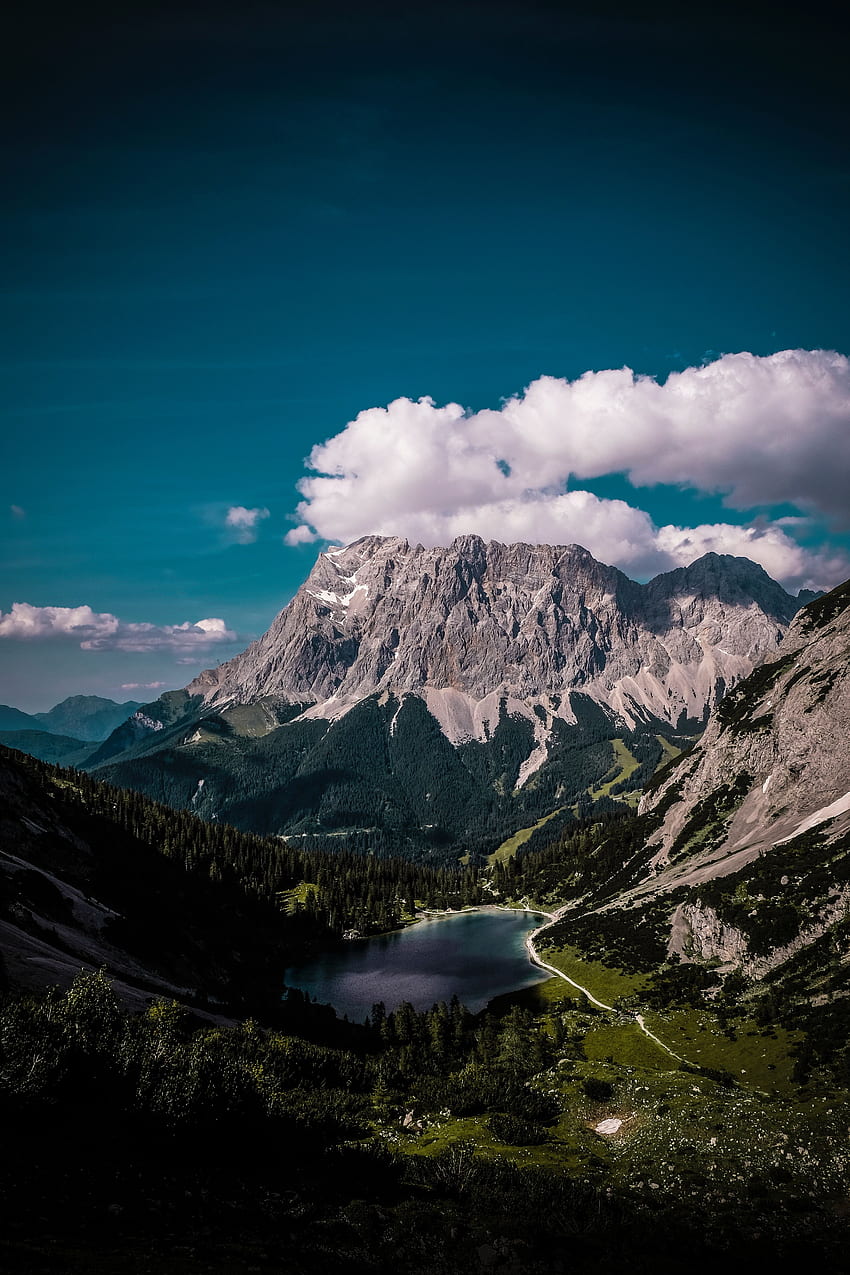 Montañas, Naturaleza, Nubes, Vista desde arriba, Vértice, Arriba, Lago, Austria, Ehrwald, Erwald fondo de pantalla del teléfono