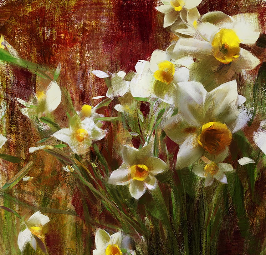 Daffodils, yizheng ke, art, primavara, name cise, spring, flower, yellow, narcise HD wallpaper