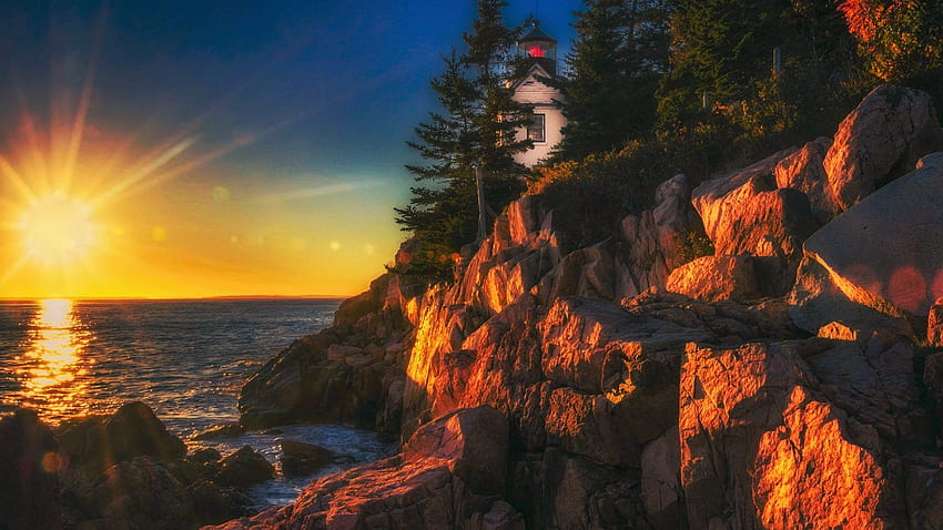 Bass Harbor Head Lighthouse, Acadia NP, Maine, sea, trees, colors, sky, cliff, rocks, usa, sunset HD wallpaper