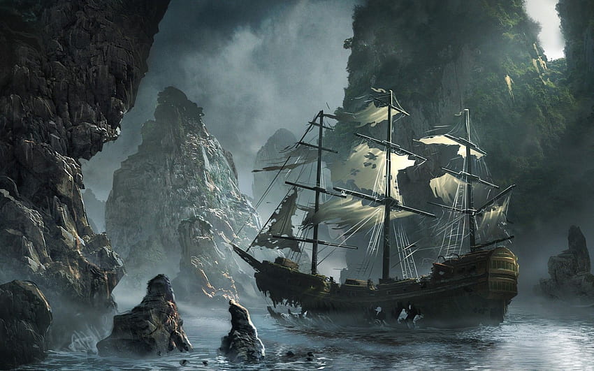 statki, skały, ilustracje, grafika, żagiel, statek, opuszczony, zatoka Tapeta HD