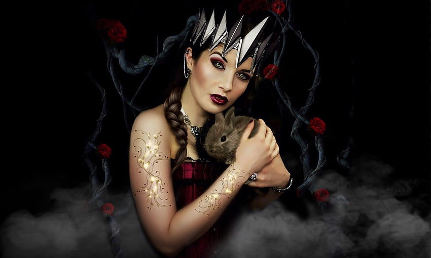 Lovely Fantasy Girl, crown, black, Beautiful, magical, Fantasy girl, dreamy, lobely, rabbit HD wallpaper