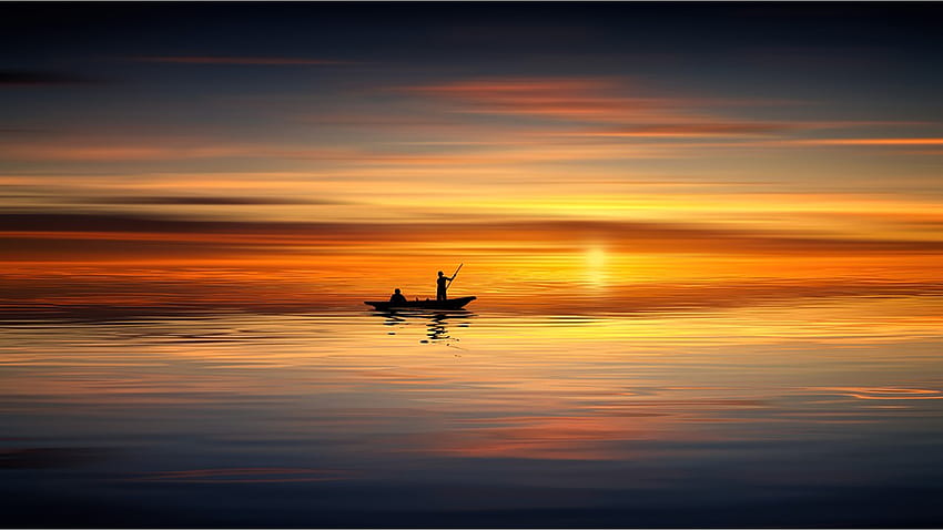Boat at Sunset, sea, river, fishermen, boat, sky, lake, sunset, sunrise HD wallpaper
