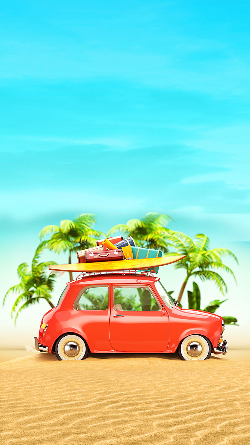 Ƒ↑TOCCA E SCARICA L'APP! Arte Creativa Cielo Auto Spiaggia Viaggi Vacanze Palme Sole Vacanze iPhone 6 . Illustrazione di viaggio, auto retrò, viaggi estivi Sfondo del telefono HD