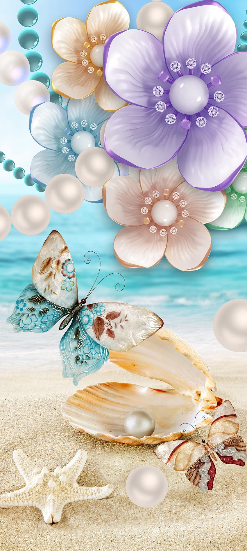 SilkCrystalFlowers 3, aqua, Pantai, grafik, premium, Kemewahan, kupu-kupu, Berlian wallpaper ponsel HD