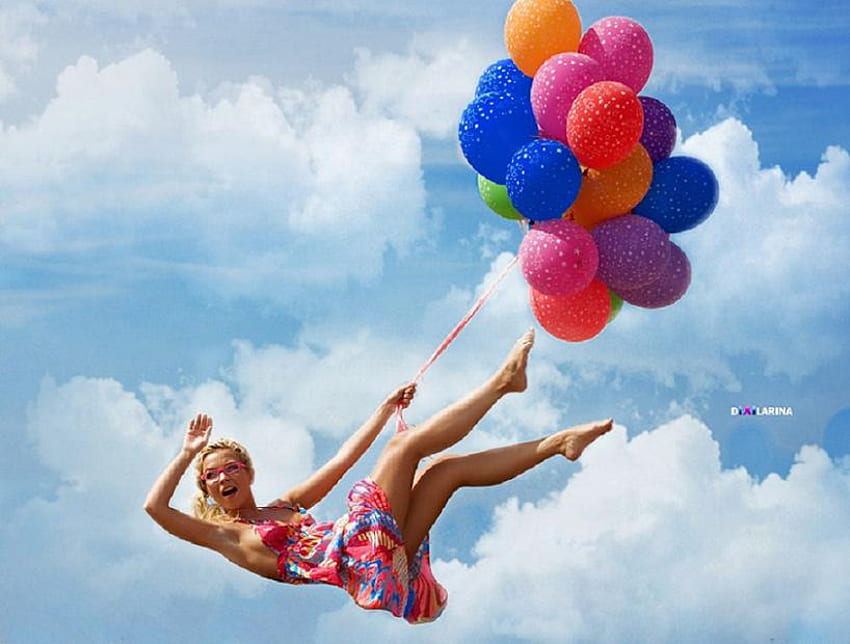 Air currents, blue, fun, orange, woman, purple, pink, balloons, floating in air, green, red, clouds, sky HD wallpaper