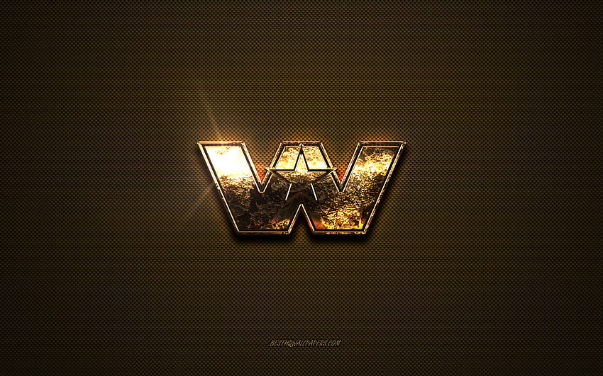 Western Starの金色のロゴ、アートワーク、茶色の金属の背景、Western Starのエンブレム、Western Starのロゴ、ブランド、Western Star 高画質の壁紙