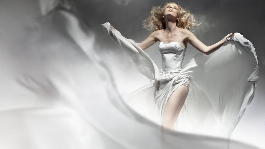 Wind, girl, model, white dress, blonde HD wallpaper