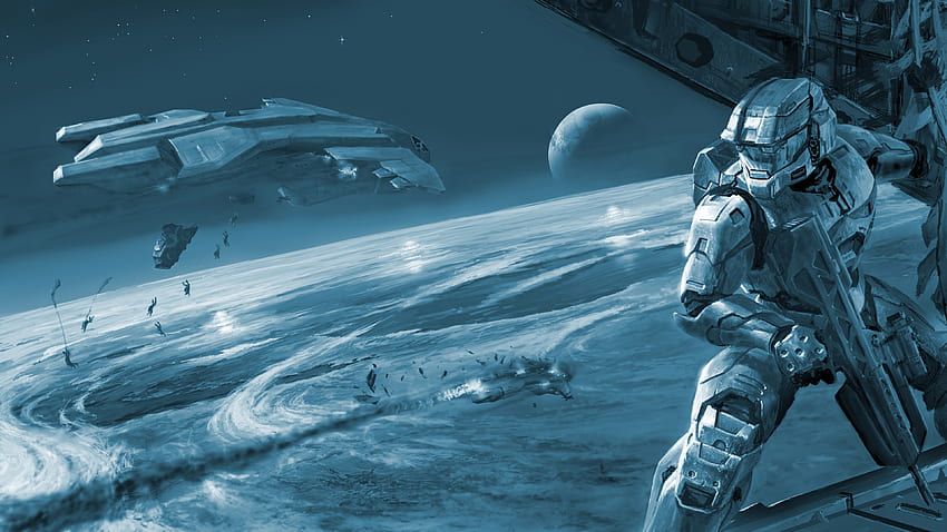 Halo 2 문이 활짝 열린 채 펠리칸을 타고 있는 Master Chief의 컨셉 아트 - 파란색 Halo 3 메뉴 스타일 - : halo HD 월페이퍼