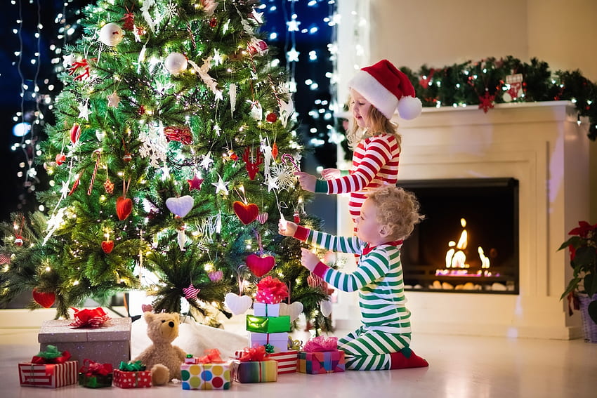 Noel, çocuklar, oda, şirin, kız, hediye, copil, ağaç, oğlan, ışıklar HD duvar kağıdı