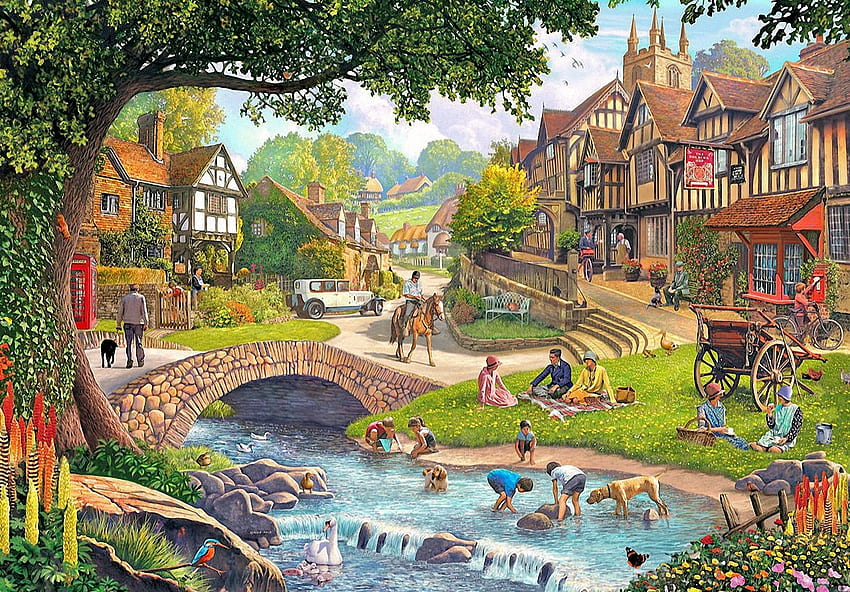 Full Stream Ahead, river, children, car, people, artwork, painting, cottages, bridge, village HD wallpaper