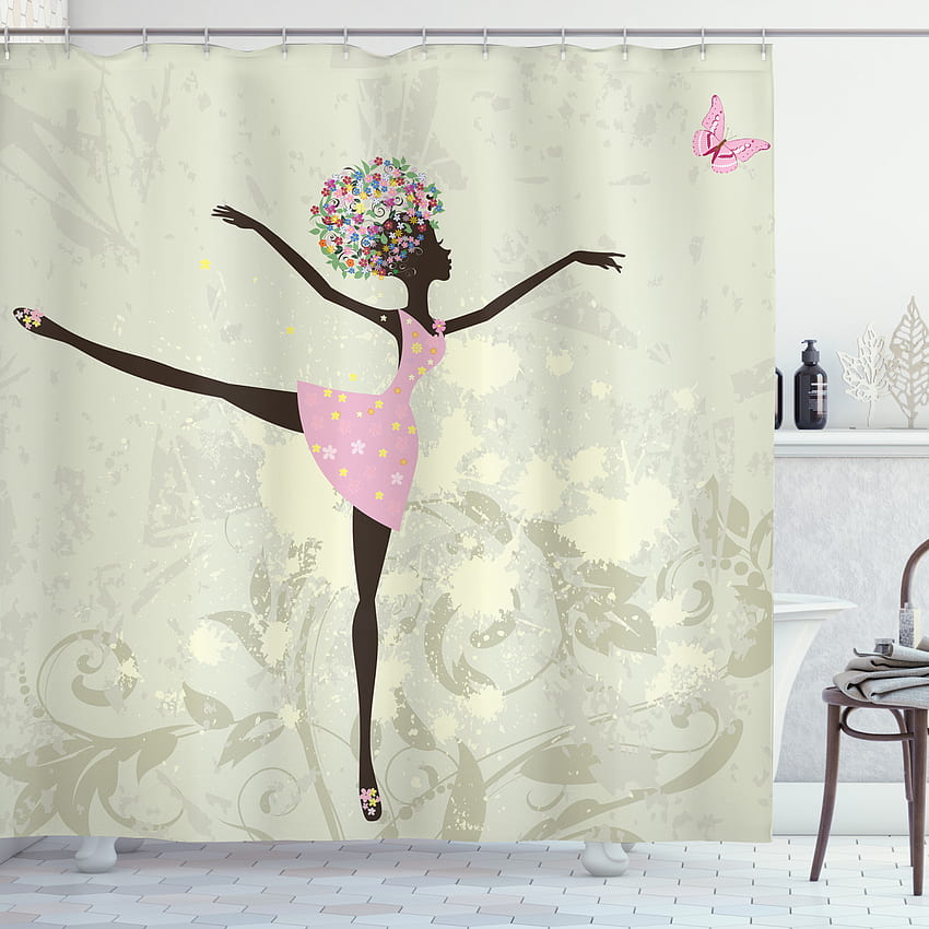 Rideau de douche de ballet, fille afro avec des cheveux floraux dansant papillon monarque sur fond grunge, ensemble de salle de bain en tissu avec crochets, 69 W x 75 L pouces de long, vert pâle rose marron, Kawaii Grunge Alien Girl Fond d'écran de téléphone HD