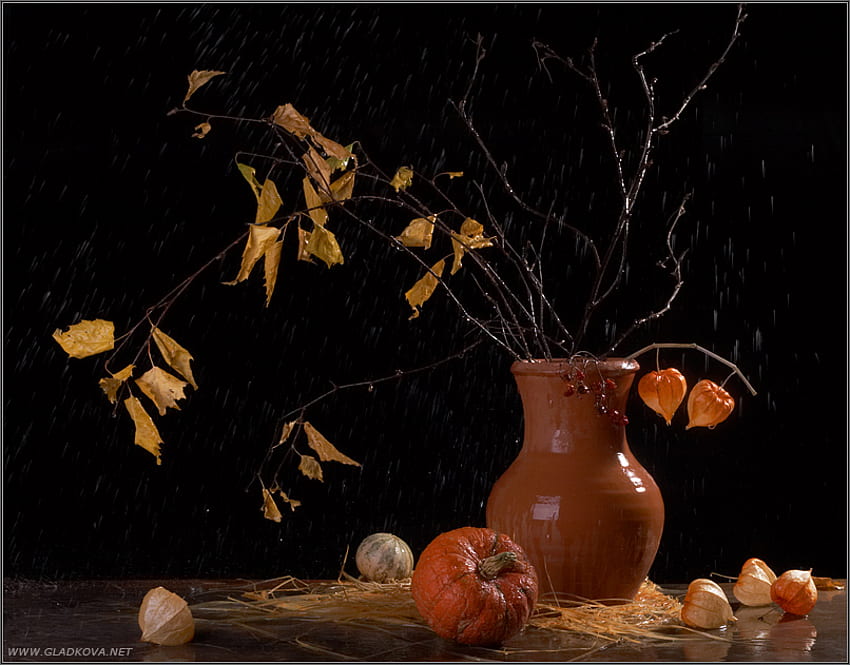 Bodegón de otoño, arte, bodegón, mesa, jarrón, hojas, frutas de otoño, agradable fondo de pantalla