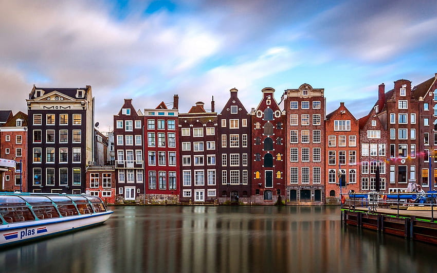 Amsterdam, evler, su kaynakları, kanallar, motorlu gemiler, Hollanda, Hollanda için çözünürlükle . Yüksek kalite HD duvar kağıdı