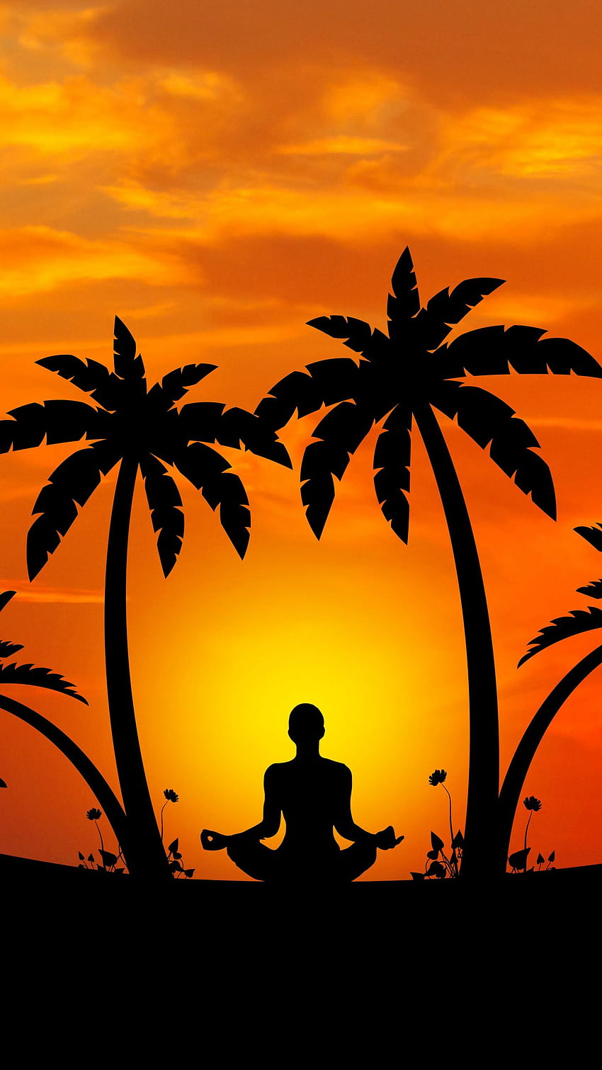 meditazione, yoga, sagoma, palme, armonia q samsung galaxy s6, s7, bordo, nota, lg g4, Yoga Silhouette Sfondo del telefono HD