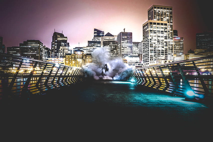 Cities, Smoke, Night, City, Building, Bridge, Human, Person HD wallpaper