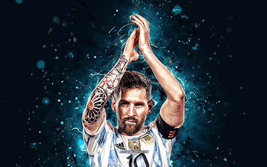 Lionel Messi, gioia, , luci al neon blu, Argentina nazionale di calcio, stelle del calcio, Leo Messi, Lionel Andres Messi Cuccittini, calcio, Messi, Nazionale Argentina, Lionel Messi Sfondo HD