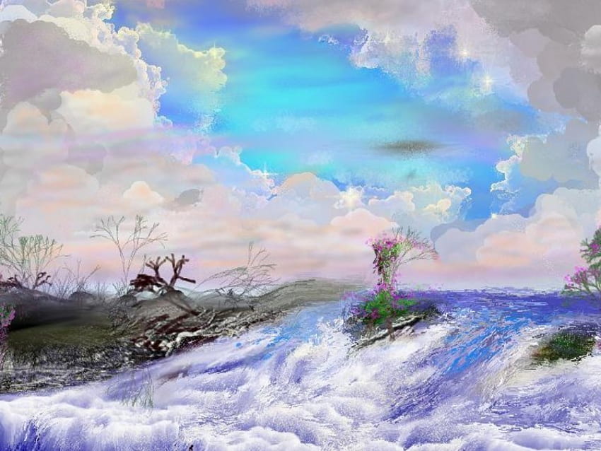 大きな嵐の後、雲、川、空、水 高画質の壁紙