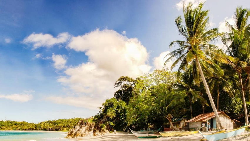 wonderful talipanan beach in the philippines, sea, boat, hut, clouds, forest, beach HD wallpaper