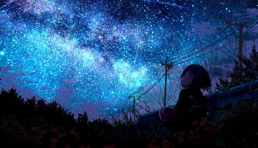 Einsames Mädchen mit Sternschnuppen-Laptop HD-Hintergrundbild