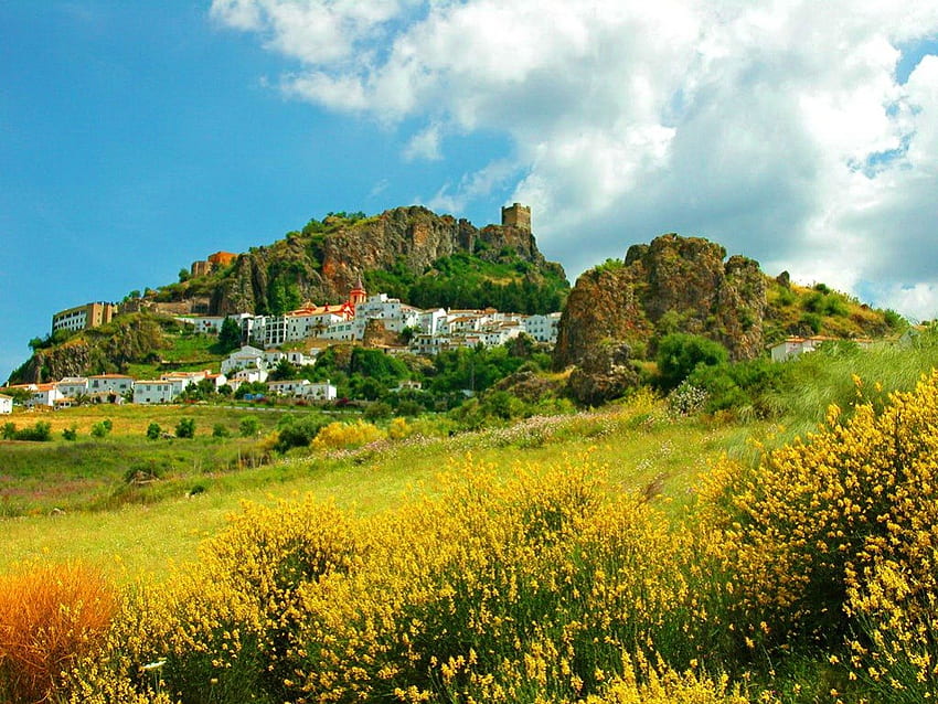 Andalusia, musim semi, rumah, bagus, bunga liar, cottage, lereng, padang rumput, cantik, musim panas, cantik, bidang, alam, langit, bunga, indah, desa Wallpaper HD