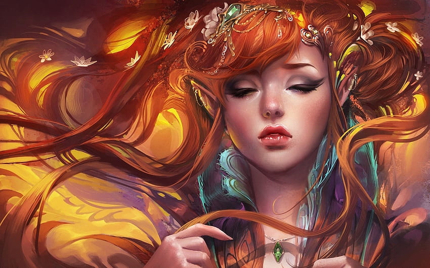 ファンタジー - エルフ 長い髪 尖った耳 赤髪 ファンタジー 女性 女の子 高画質の壁紙