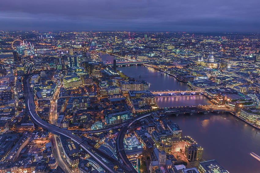 เมือง, บริเตนใหญ่, ลอนดอน, ดูจากด้านบน, เมืองกลางคืน, สหราชอาณาจักร วอลล์เปเปอร์ HD