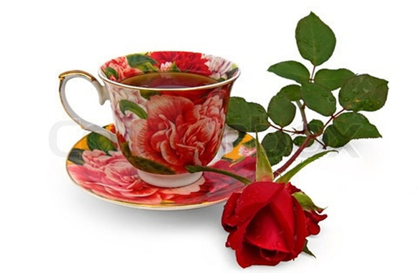 добро утро, чаши, натюрморт, чай, рози, графика, червено, кафе HD тапет