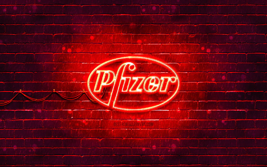 Logotipo rojo de Pfizer, pared de ladrillo rojo, logotipo de Pfizer, Covid-19, coronavirus, logotipo de neón de Pfizer, vacuna Covid, Pfizer fondo de pantalla