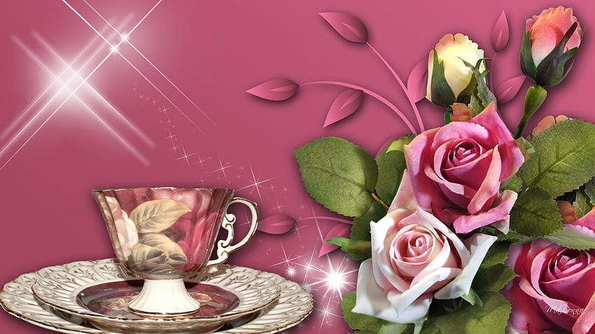 Tea Roses, róże, gwiazdy, porcelana, martwa natura, różowy, liście, połysk, kwiaty, filiżanka herbaty, fleurs Tapeta HD