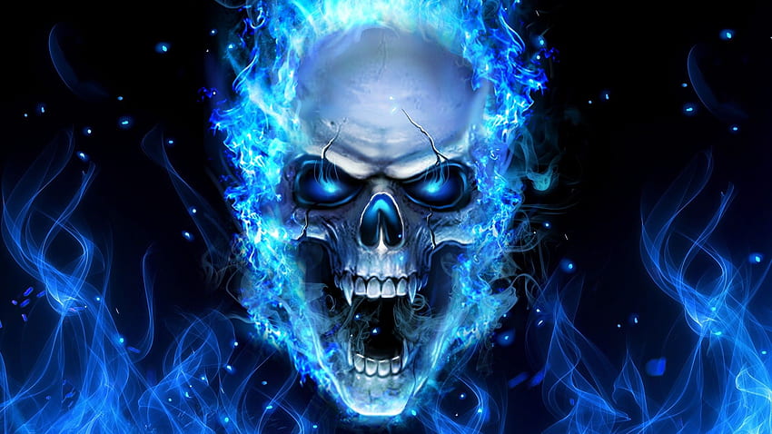 Blue Skull, Black and Blue Fire HD wallpaper