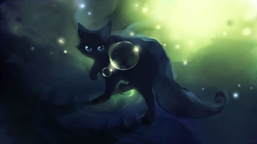 Narysowany czarny kot niebieski kot - Ołówkiem i kolorem narysowany czarny kot niebieski kot, Anime Cat Tapeta HD