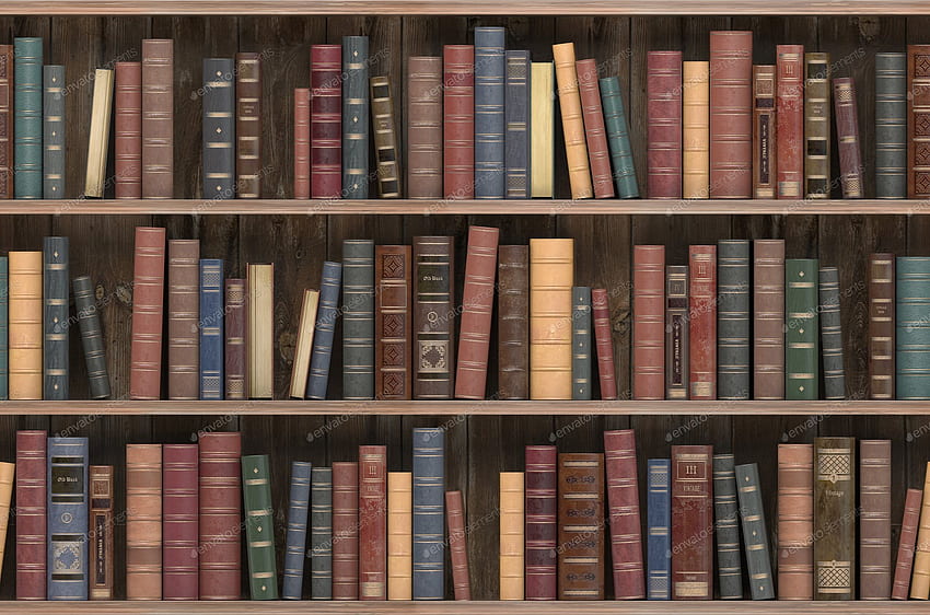 Zabytkowe książki na starej drewnianej półce. Stara biblioteka lub antykwaryczna księgarnia. Bezszwowa tekstura wyłożona kafelkami autorstwa maxxyustas na Envato Elements Tapeta HD