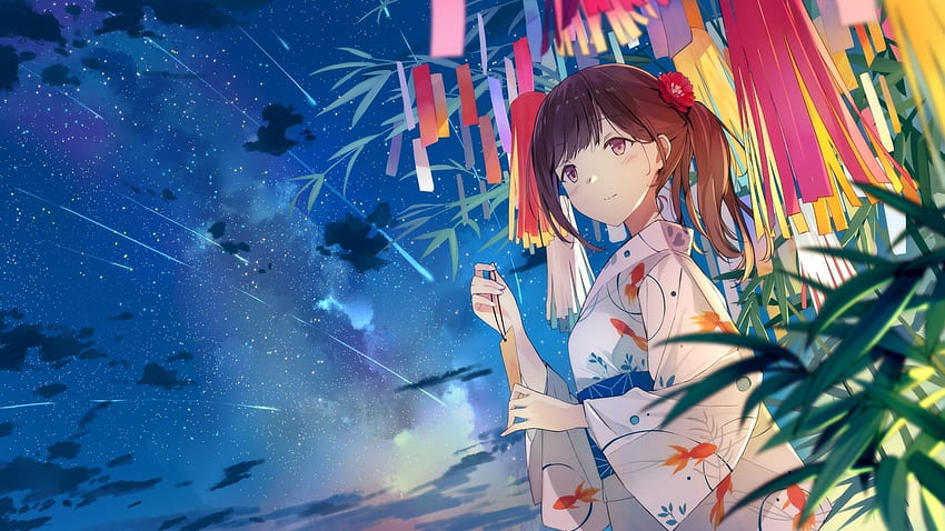 Garota Anime, Estrelas Cadentes, Quimono, Cabelo Castanho, Céu, Noite para Widescreen papel de parede HD