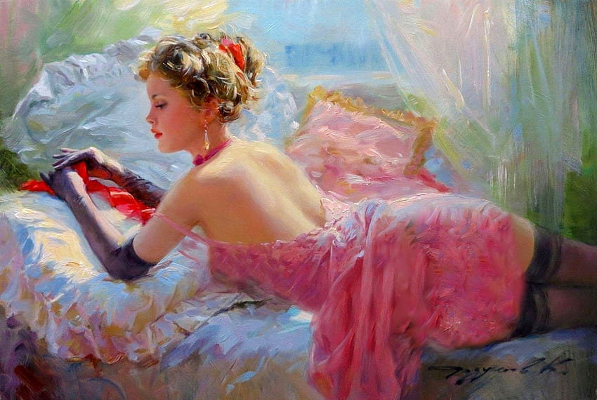 The Red Ribbon, razumov, art, girl, beautiful, konstantin, woman, pink, digital, painting, fantasy, pretty HD wallpaper