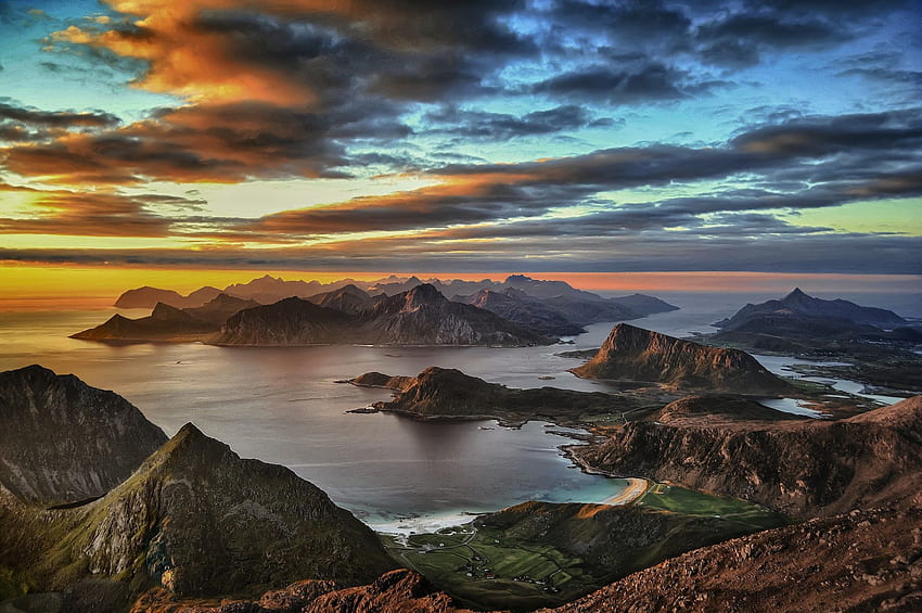 zachód słońca, wyspa, lofoty, góra, norwegia, chmury, plaża, morze, natura, lato, kraj / i mobilne tło Tapeta HD