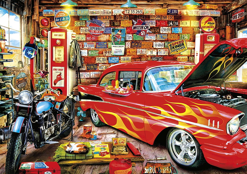 Retro Garage, targhe, auto, fiamme, gatto, pompe carburante, ruote, personalizzato, retrò, vintage, moto Sfondo HD