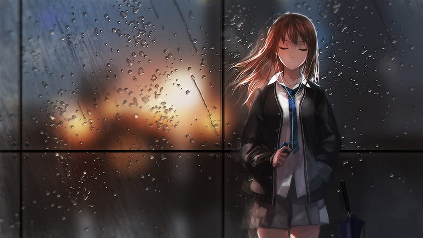 Girl, Anime, Rain, Glass, Light, Schoolgirl JPG, Anime Girl Alone Light HD wallpaper