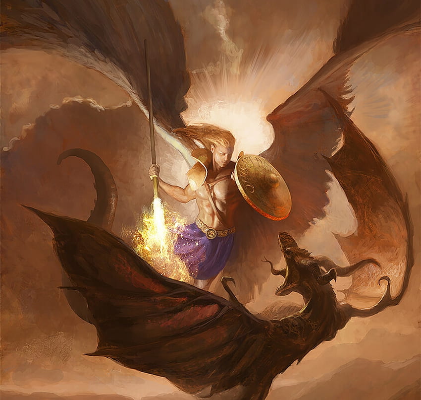 Archangel Michael, golden, fantasy, fight, angel, archangel, demon, gilles beloeil, michael, wings HD wallpaper